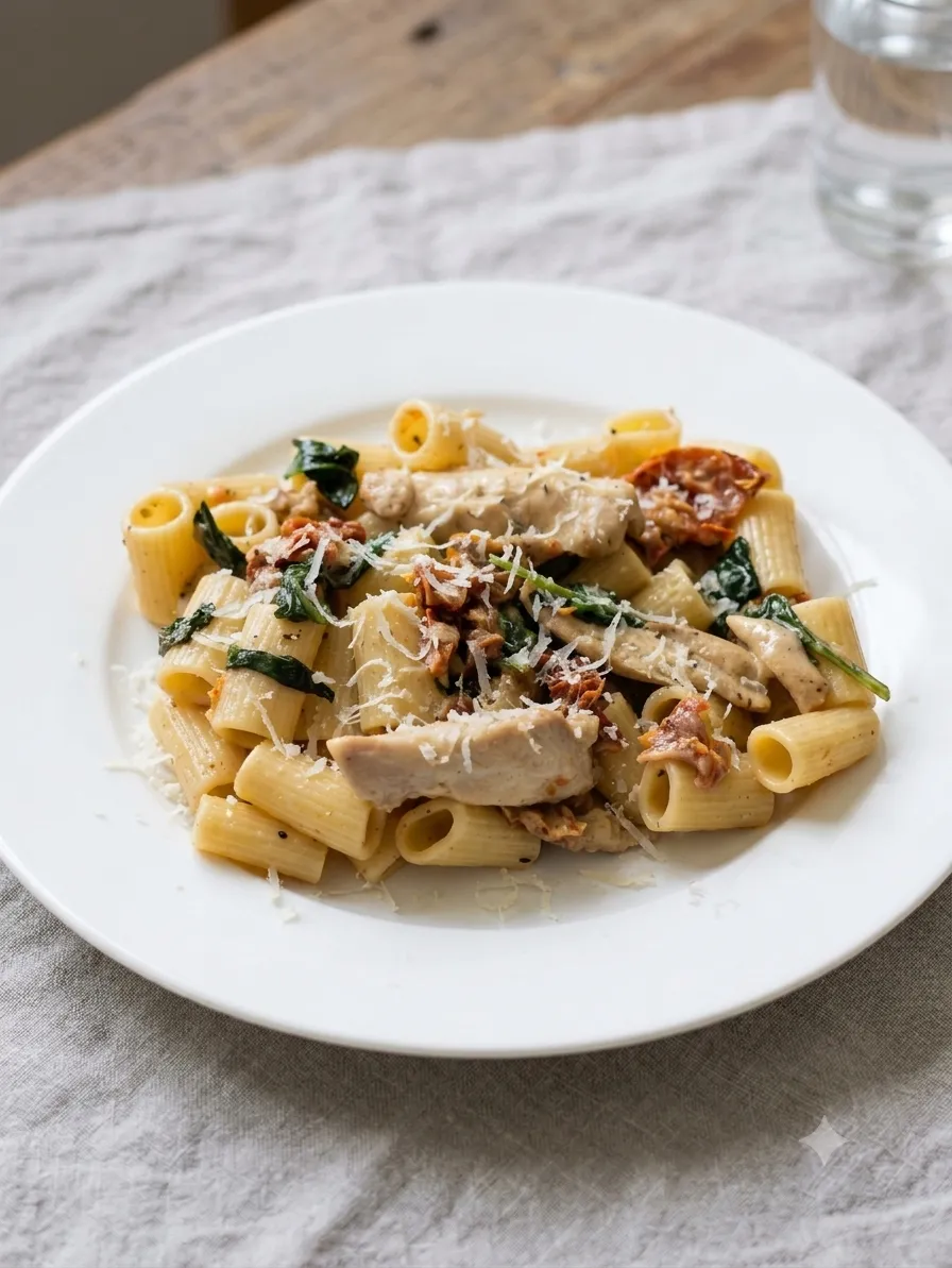 Toskansk kycklingpasta i stålpanna med soltorkade tomater & vitvinsdeglaze